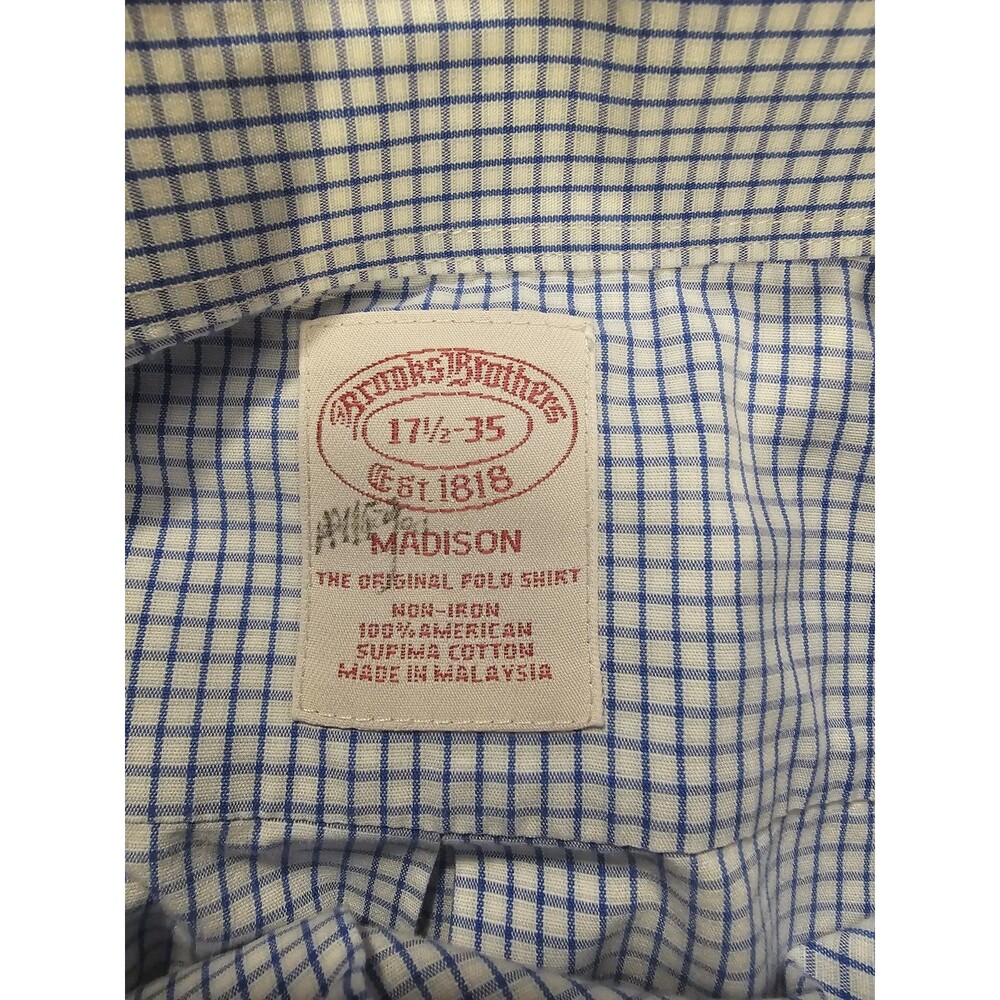 Brooks Brothers Noniron Shirt Men 17 1/2-35 Madison Fit Blue Check Supima Cotton - Picture 8 of 8